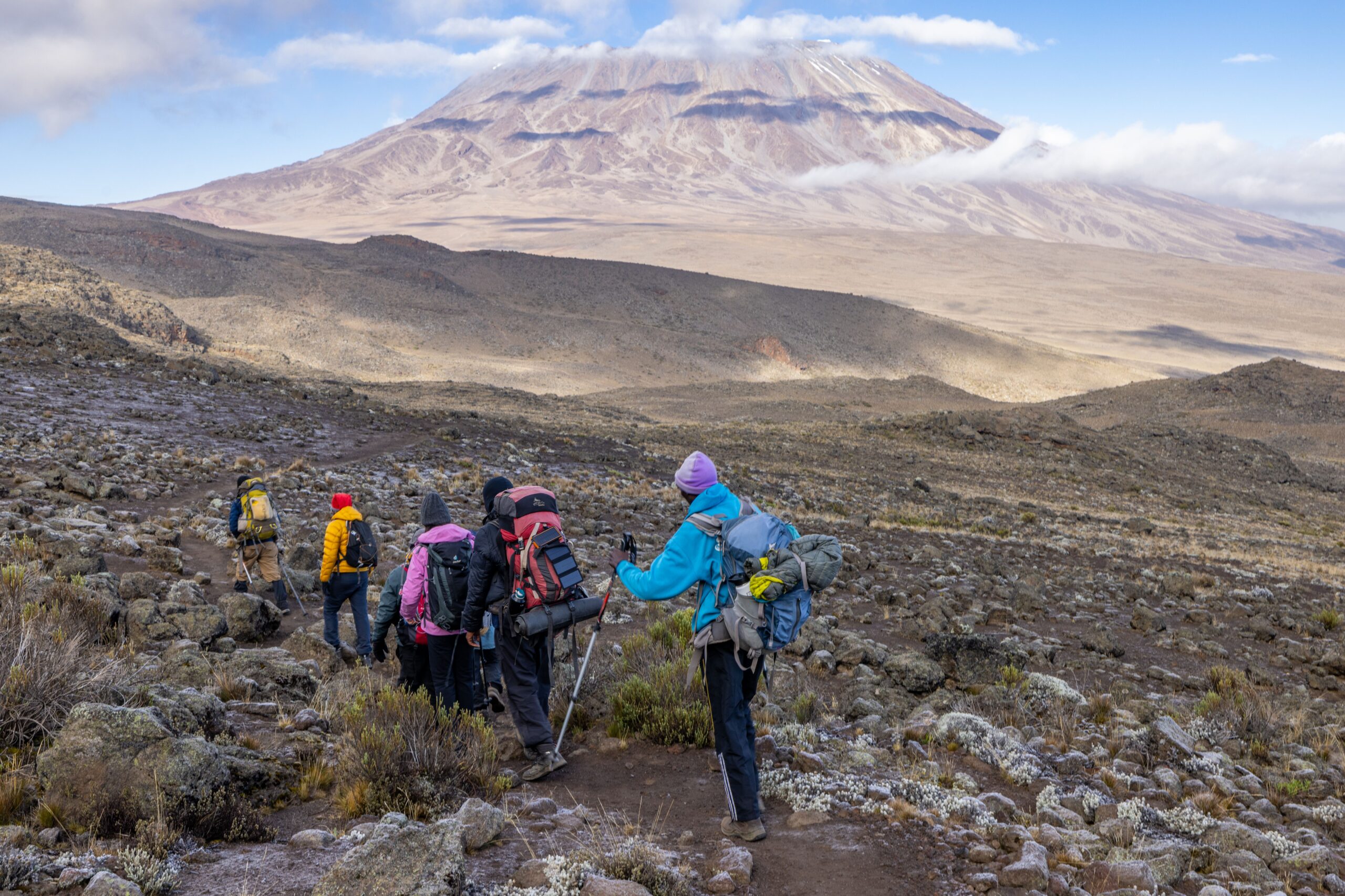 Hikers trekking the lower slopes of Mount Kilimanjaro